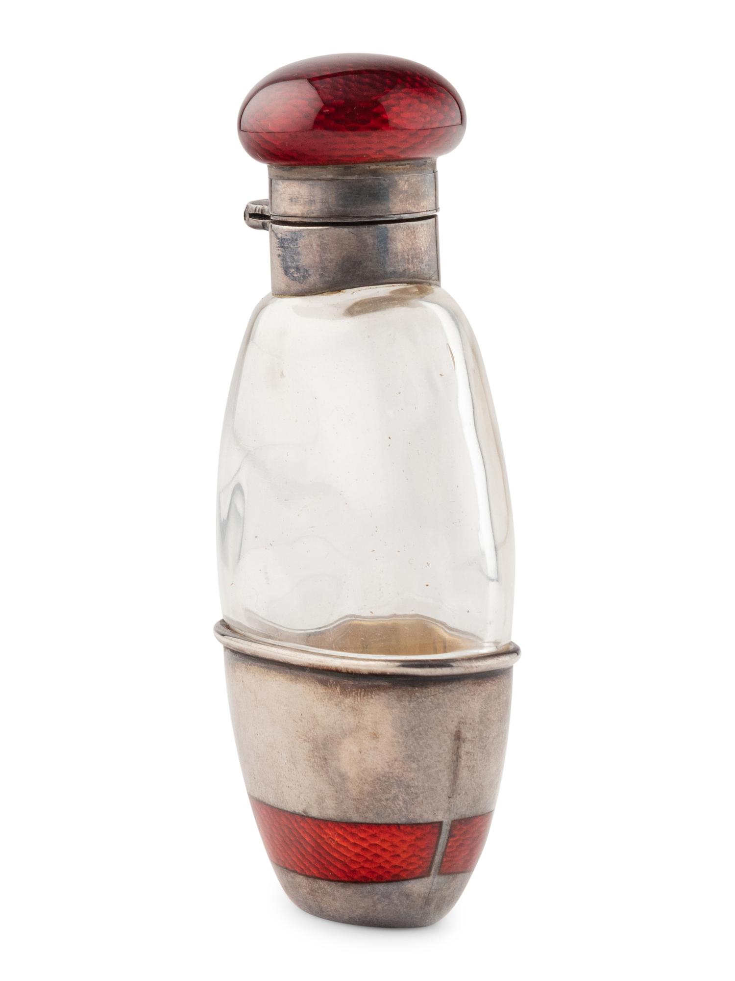 A Russian Silver, Guilloché Enamel and Glass Flask