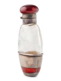 A Russian Silver, Guilloché Enamel and Glass Flask