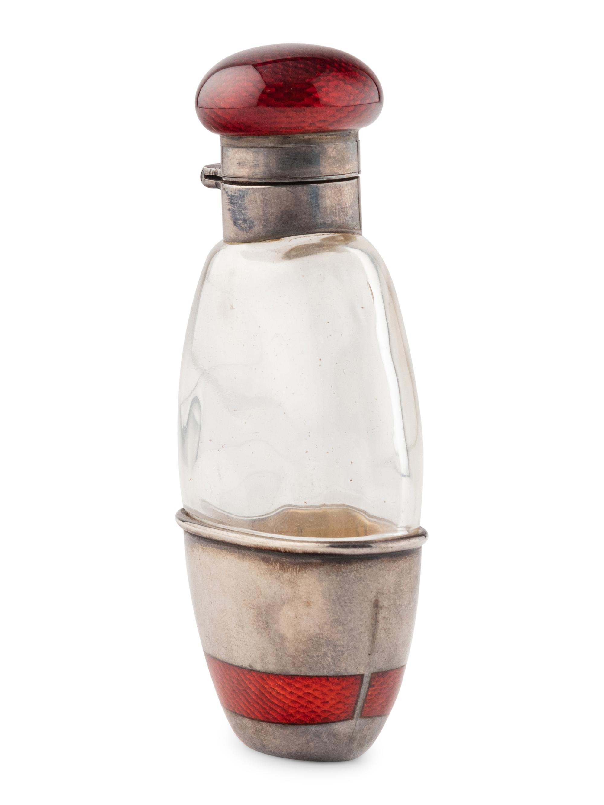 A Russian Silver, Guilloché Enamel and Glass Flask