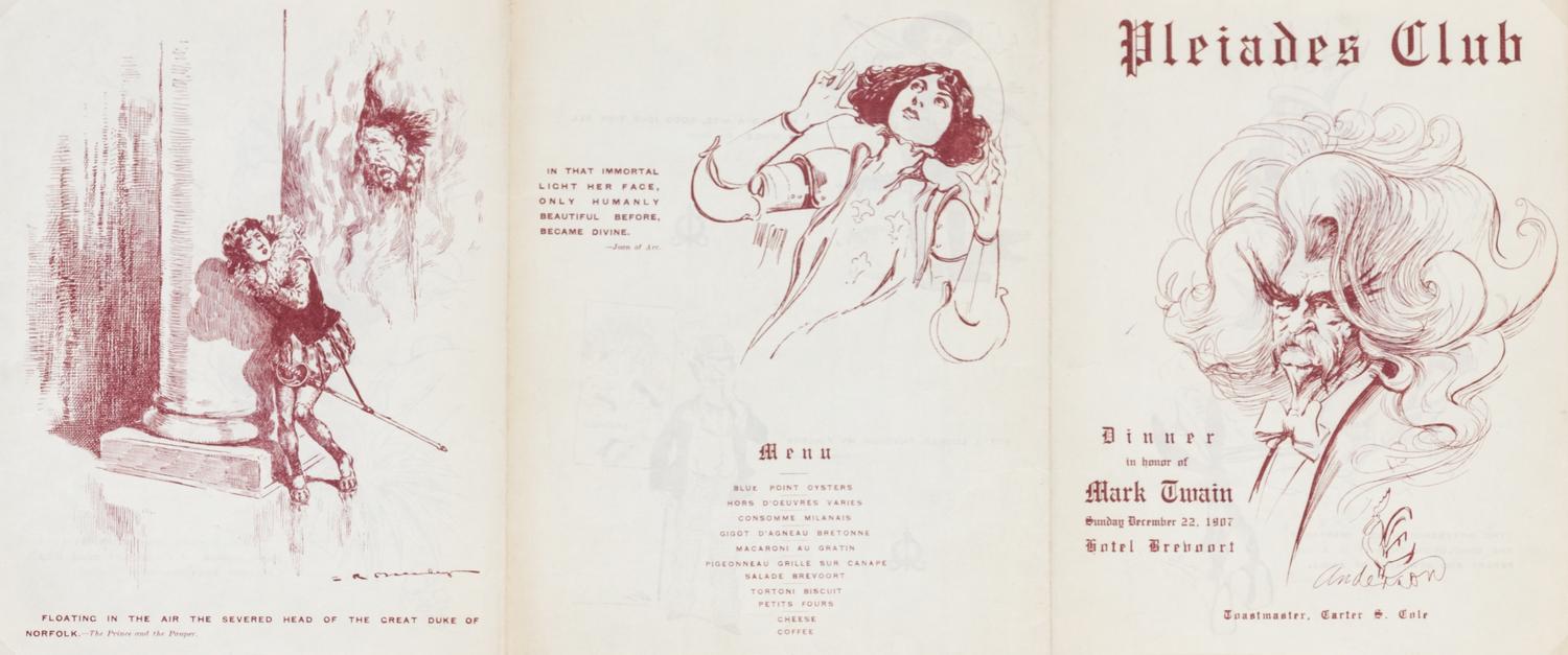 CLEMENS, SAMUEL L. (TWAIN, MARK) Pleides Club program for dinner in honor of Clemens. December 22, 1907