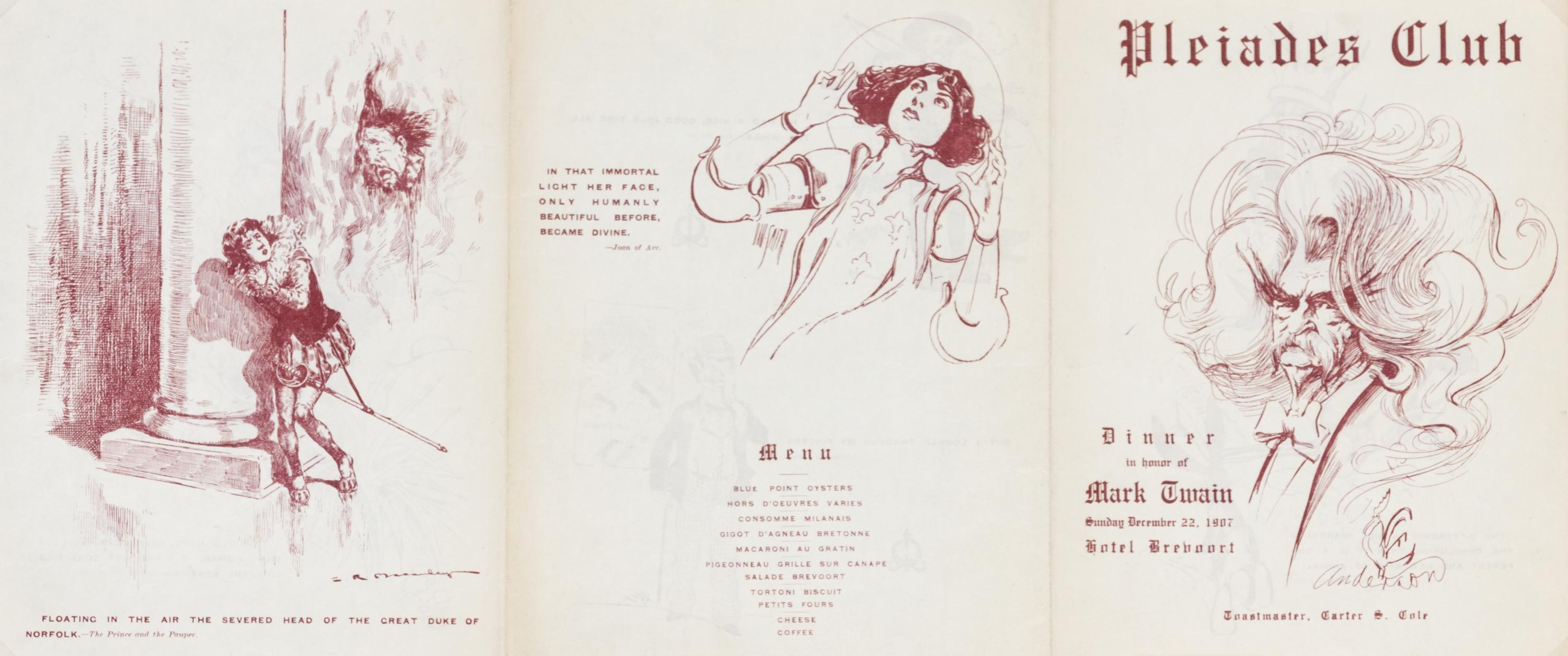CLEMENS, SAMUEL L. (TWAIN, MARK) Pleides Club program for dinner in honor of Clemens. December 22, 1907