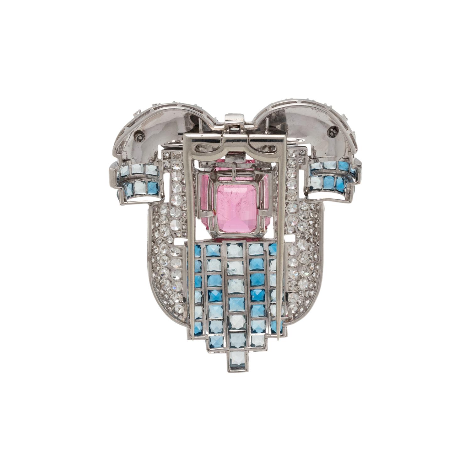 PINK TOURMALINE, AQUAMARINE AND DIAMOND BROOCH