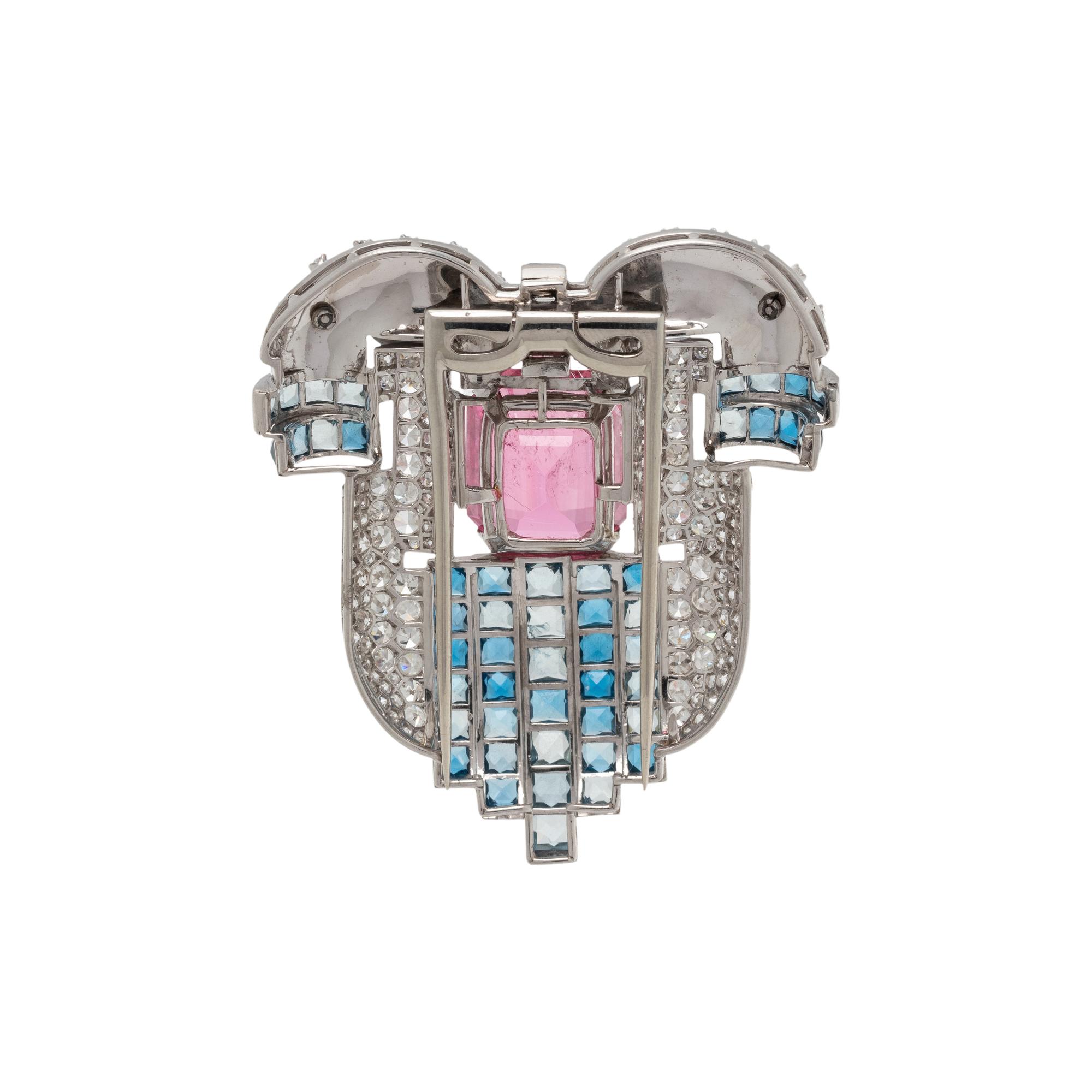 PINK TOURMALINE, AQUAMARINE AND DIAMOND BROOCH
