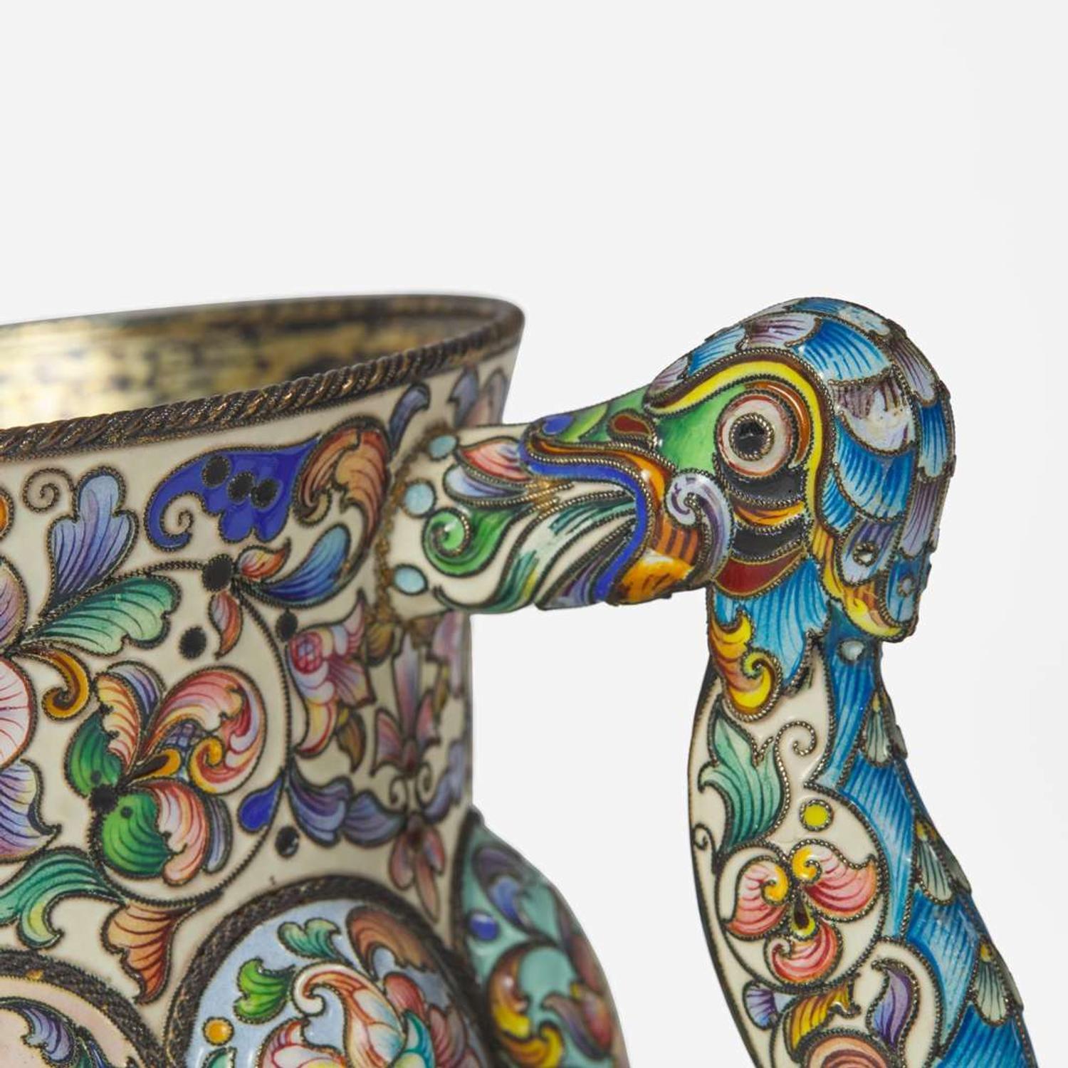 A Russian silver-gilt and shaded enamel three-handled cup Partially obscured hallmarks likely for Feodor Rückert, Moscow, 1896-1908