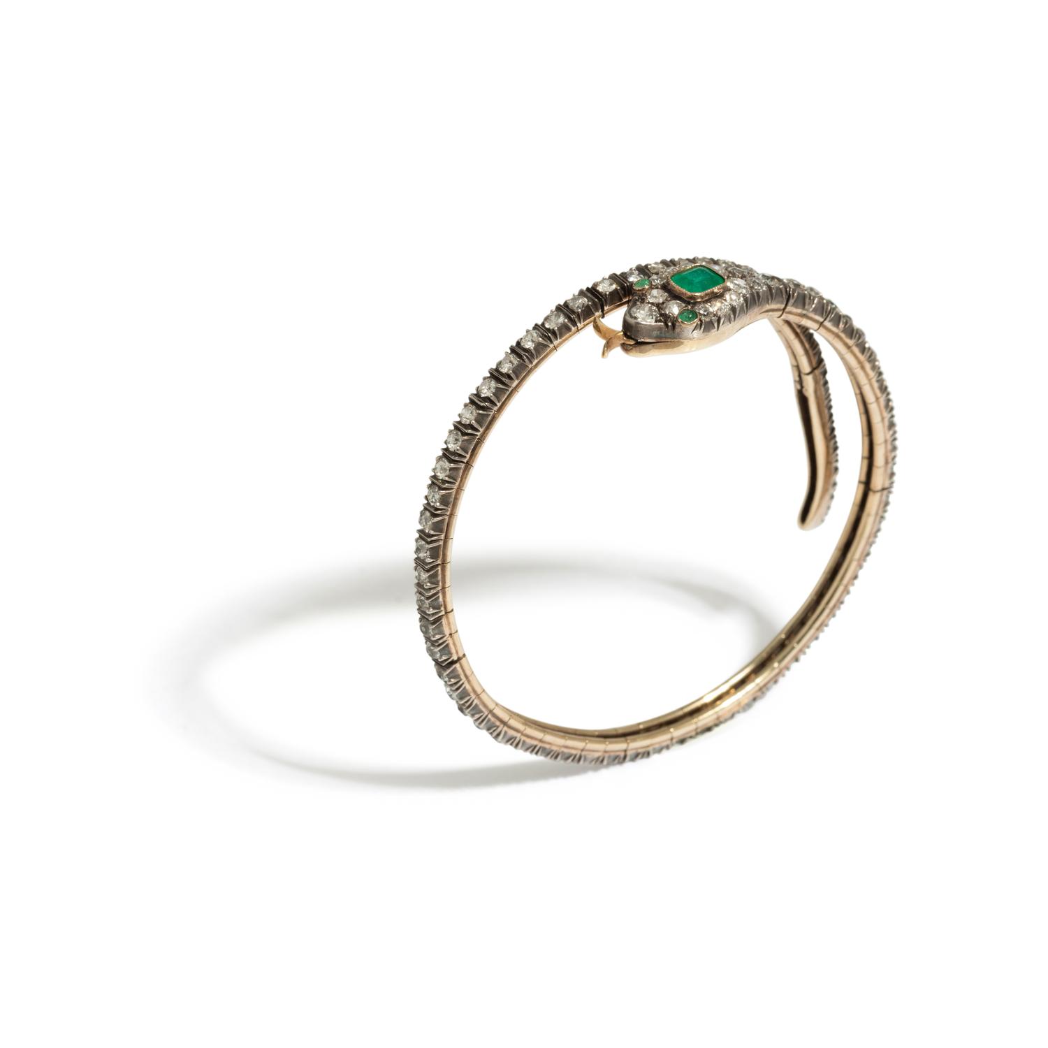 VICTORIAN, DIAMOND AND EMERALD SNAKE BANGLE BRACELET