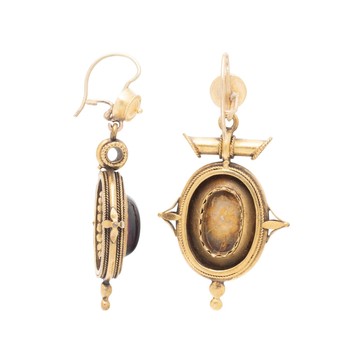 VICTORIAN, GARNET, ENAMEL, AND YELLOW GOLD EARRINGS