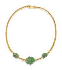 Three Maya Jade Parrot Pendants — Strung on a gold necklace