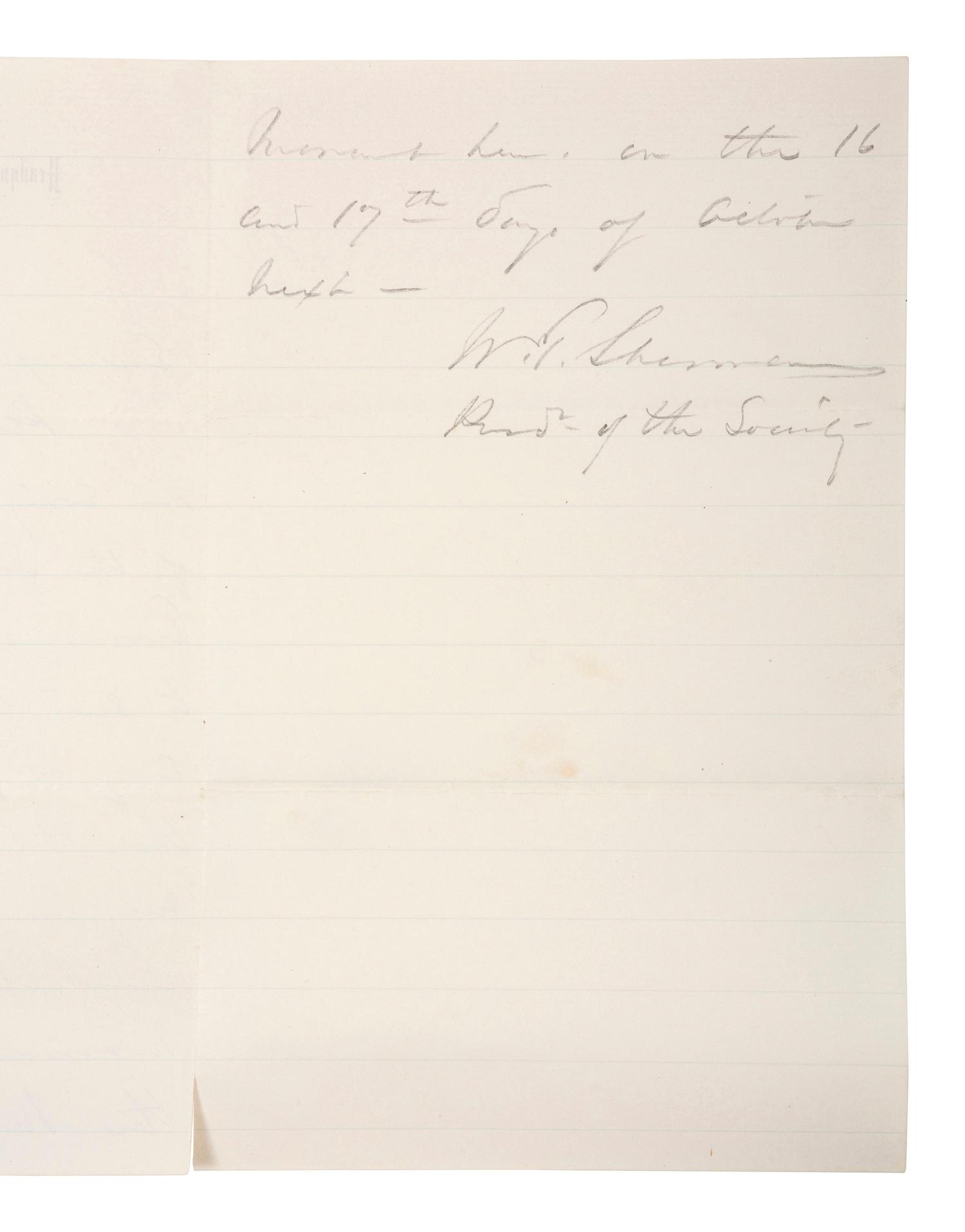 [CIVIL WAR]. SHERMAN, W.T. (1820-1891). Autograph letter signed ("W.T. Sherman") as General of the US Army. Washington, DC, 21 July 1876.