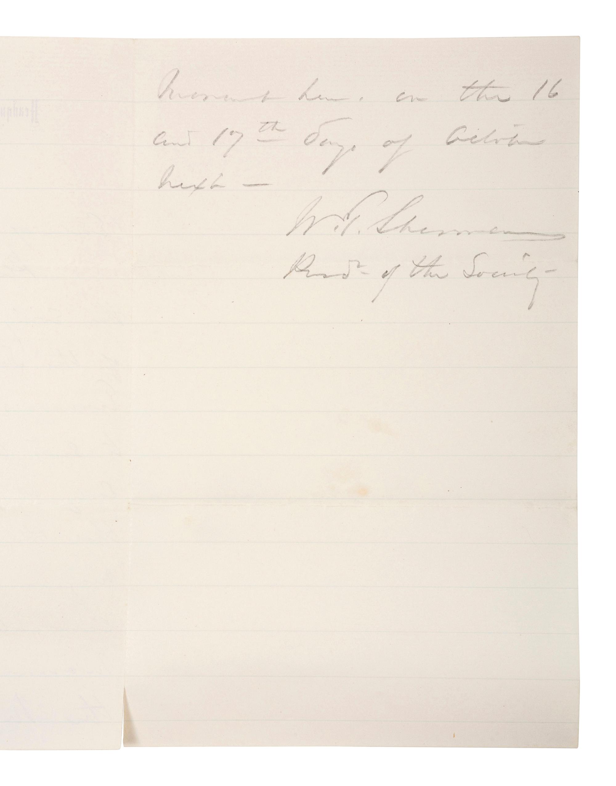 [CIVIL WAR]. SHERMAN, W.T. (1820-1891). Autograph letter signed ("W.T. Sherman") as General of the US Army. Washington, DC, 21 July 1876.