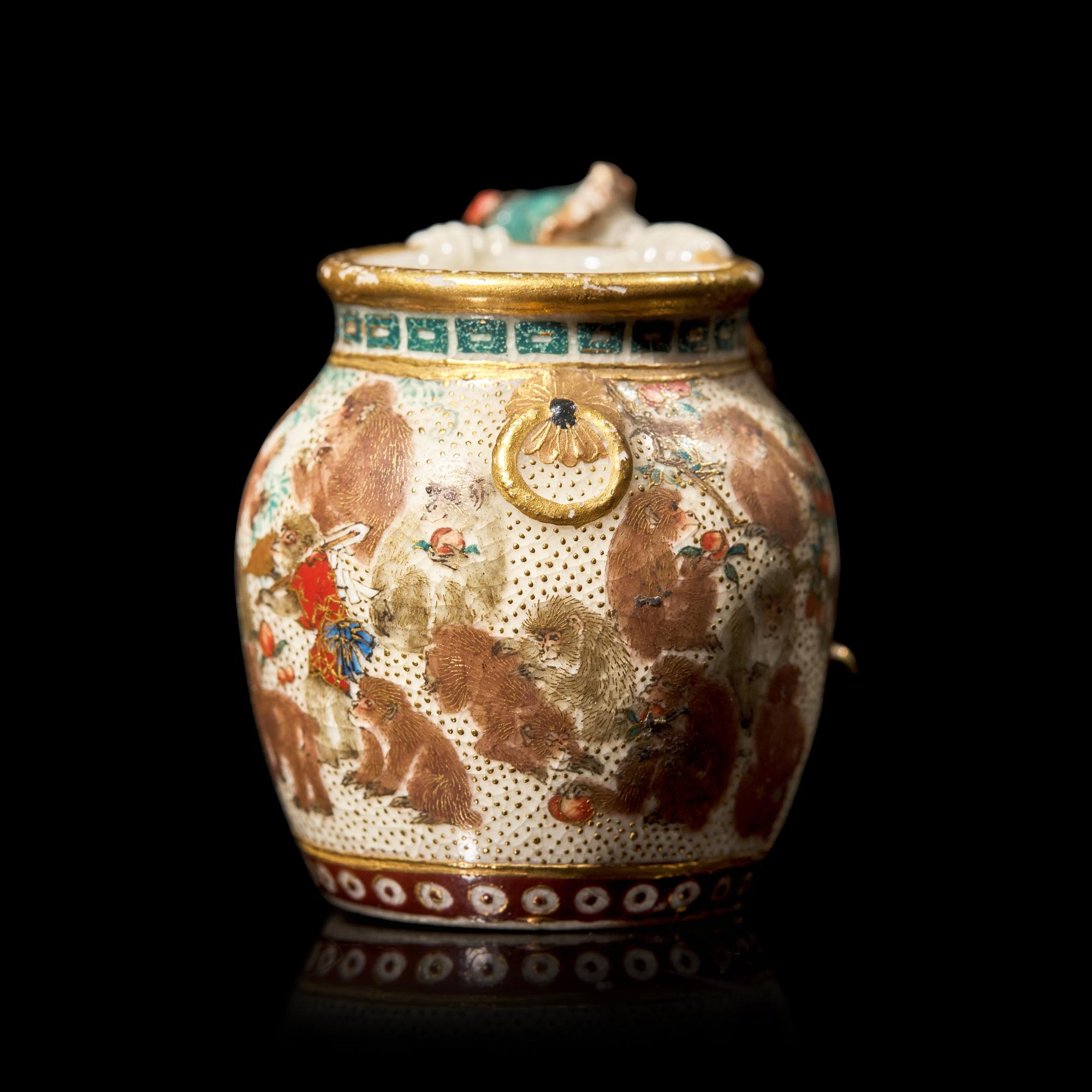 A Small Satsuma-Type Cabinet Vase, a Figural Miniature Vase, and a Miniature Bowl, All Yabu Meizan, Meiji Period