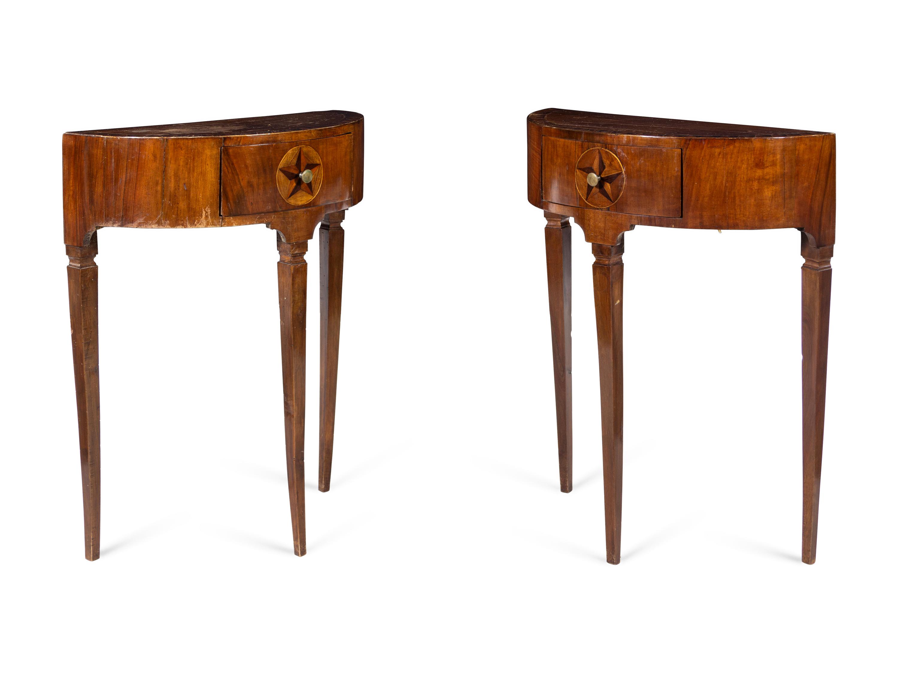 A Pair of Continental Fruitwood and Marquetry Side Tables