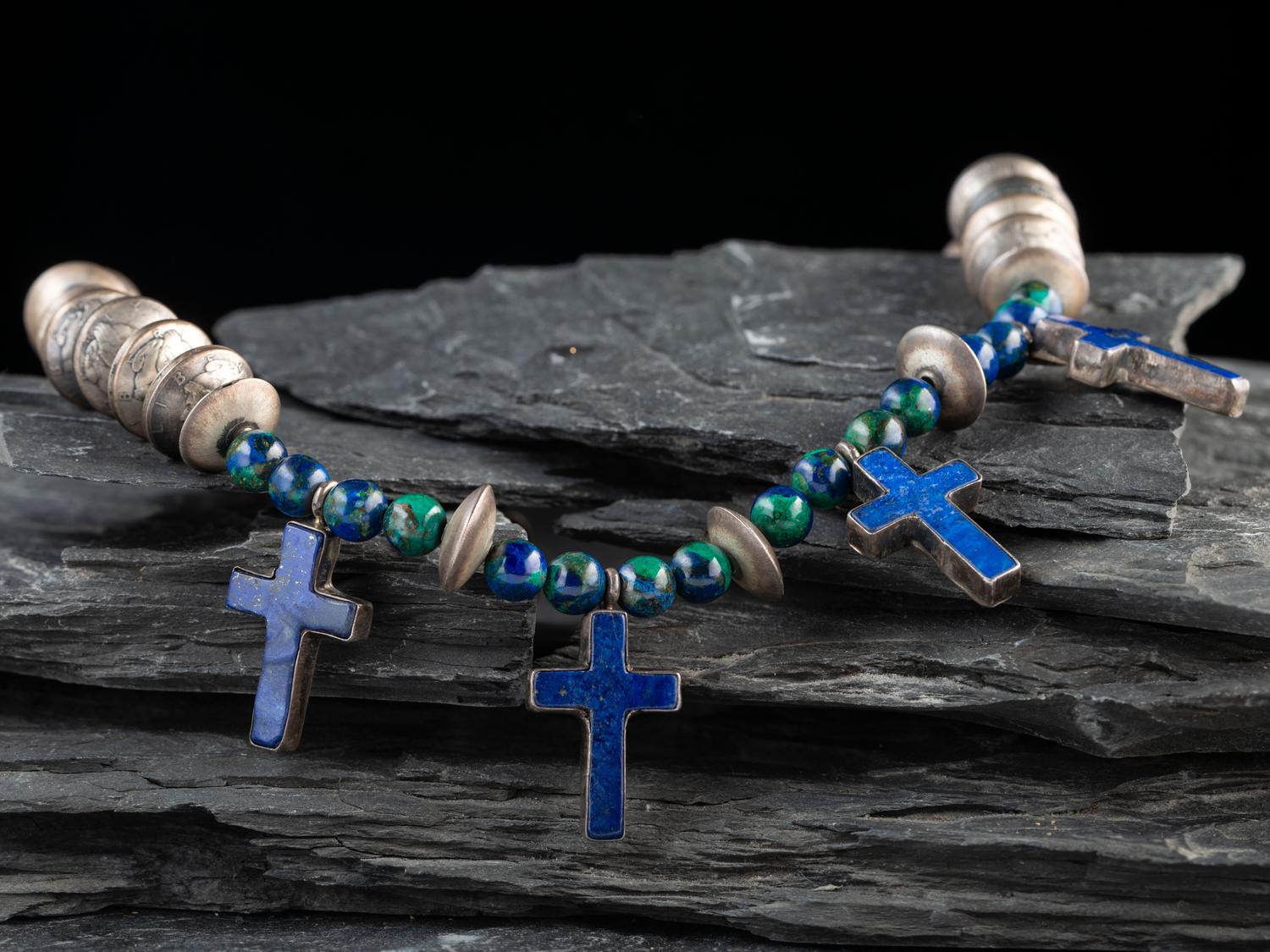 Mercury Dime, Lapis, and Azurite Cross Necklace