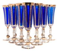 A Set of Twelve Parcel Gilt Cobalt and Clear Glass Champagne Flutes Height 9 inches.