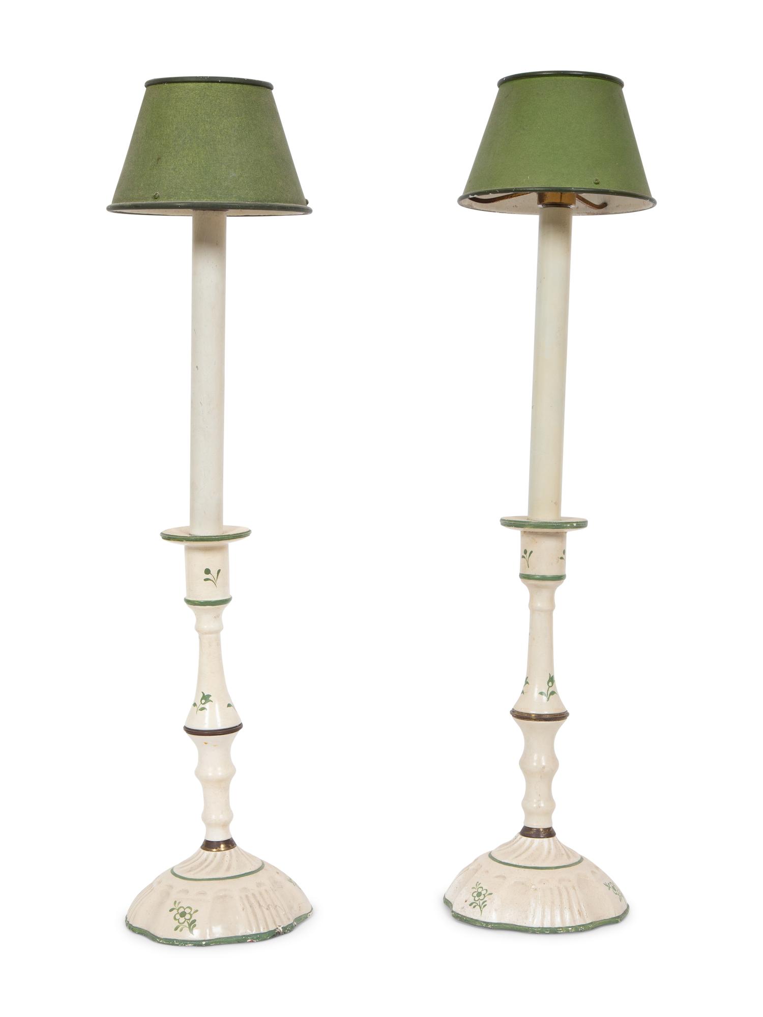 A Pair of French Green and White Painted Candlesticks with Green Shades