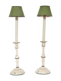 A Pair of French Green and White Painted Candlesticks with Green Shades