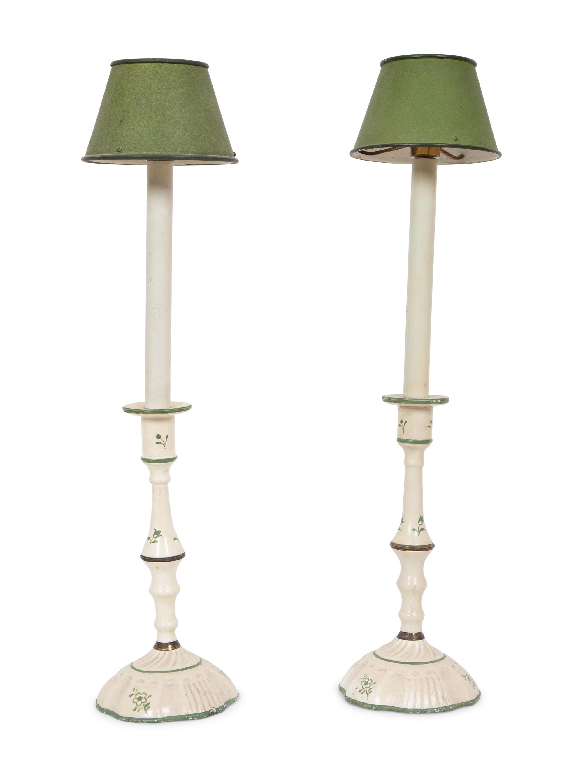 A Pair of French Green and White Painted Candlesticks with Green Shades