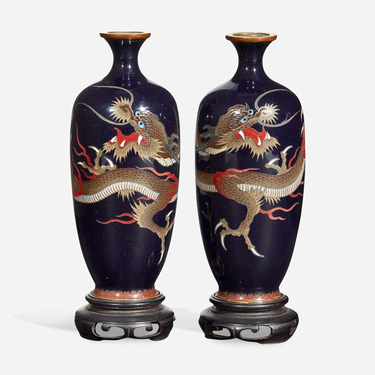 A pair of Japanese miniature "Dragon" cloisonné vases