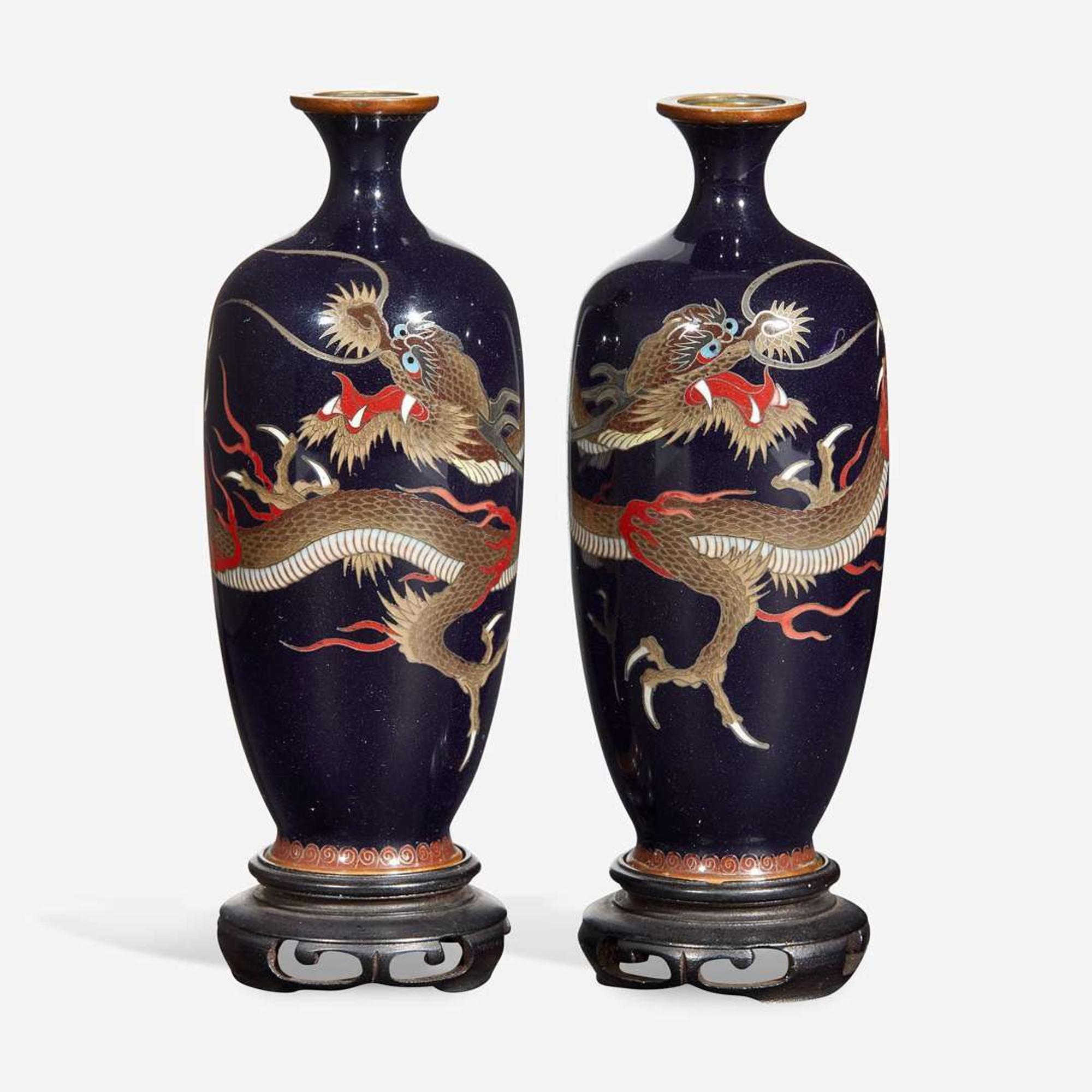 A pair of Japanese miniature "Dragon" cloisonné vases
