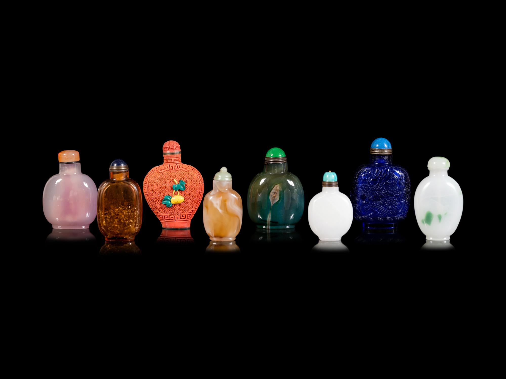 Eight Chinese Glass and Plastic Snuff Bottles
