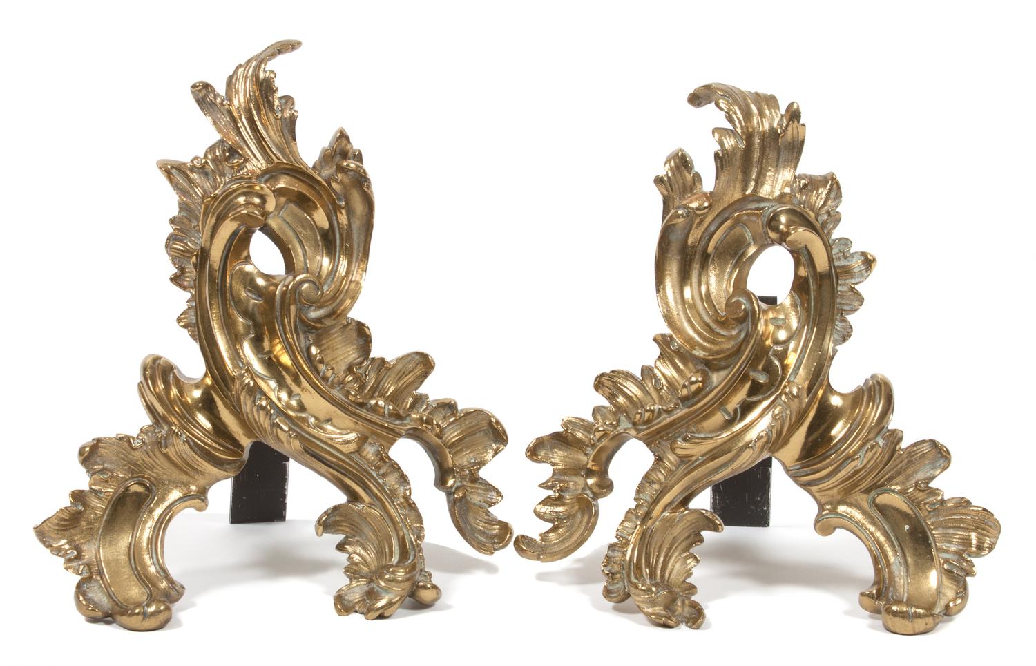 A Pair of Louis XV Style Brass Chenets Height 12 inches. — 20TH CENTURY