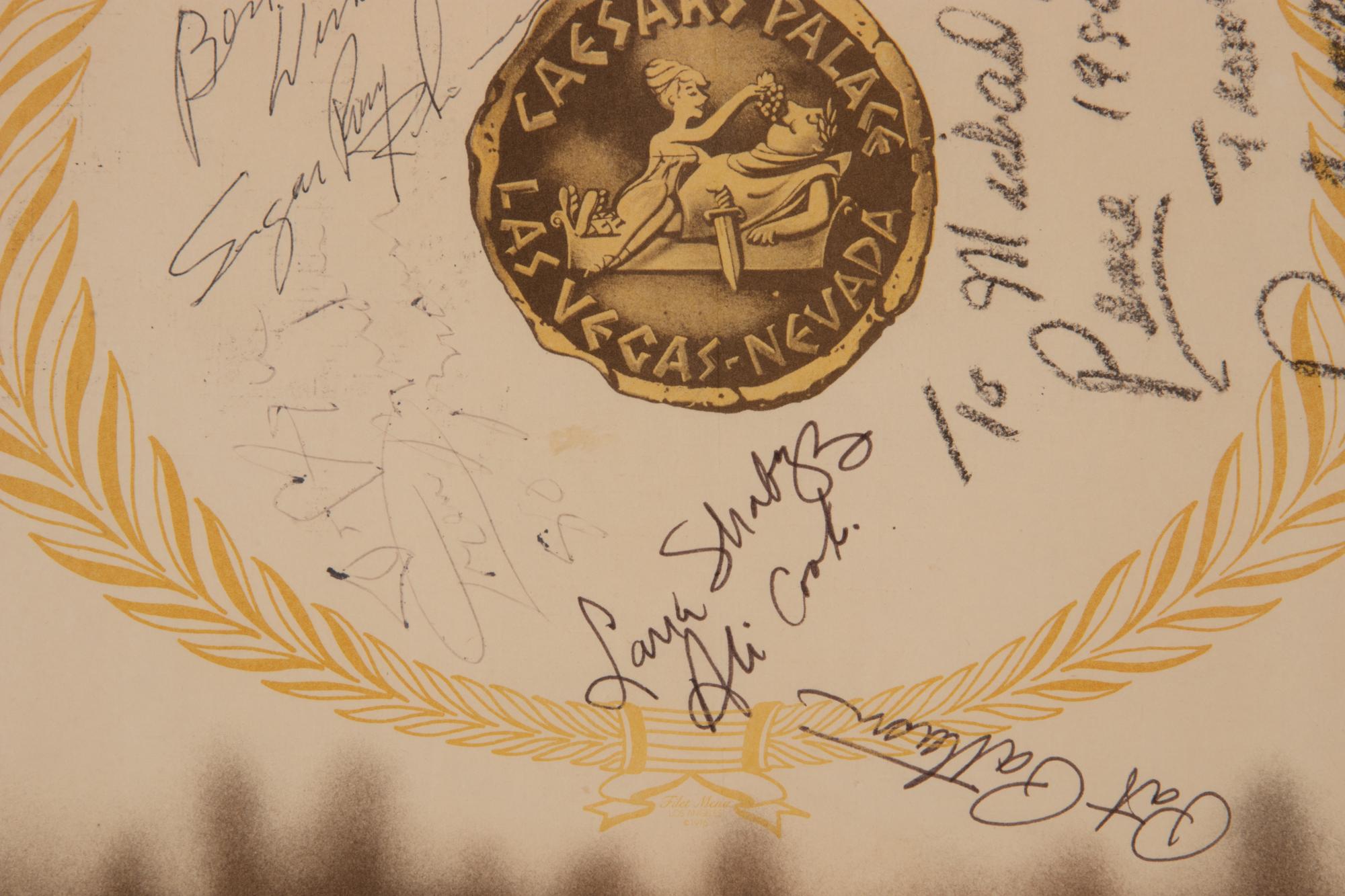 A 1980 Muhammad Ali's Entourage and Sugar Ray Robinson Signed Ceasars Palace Placemat,