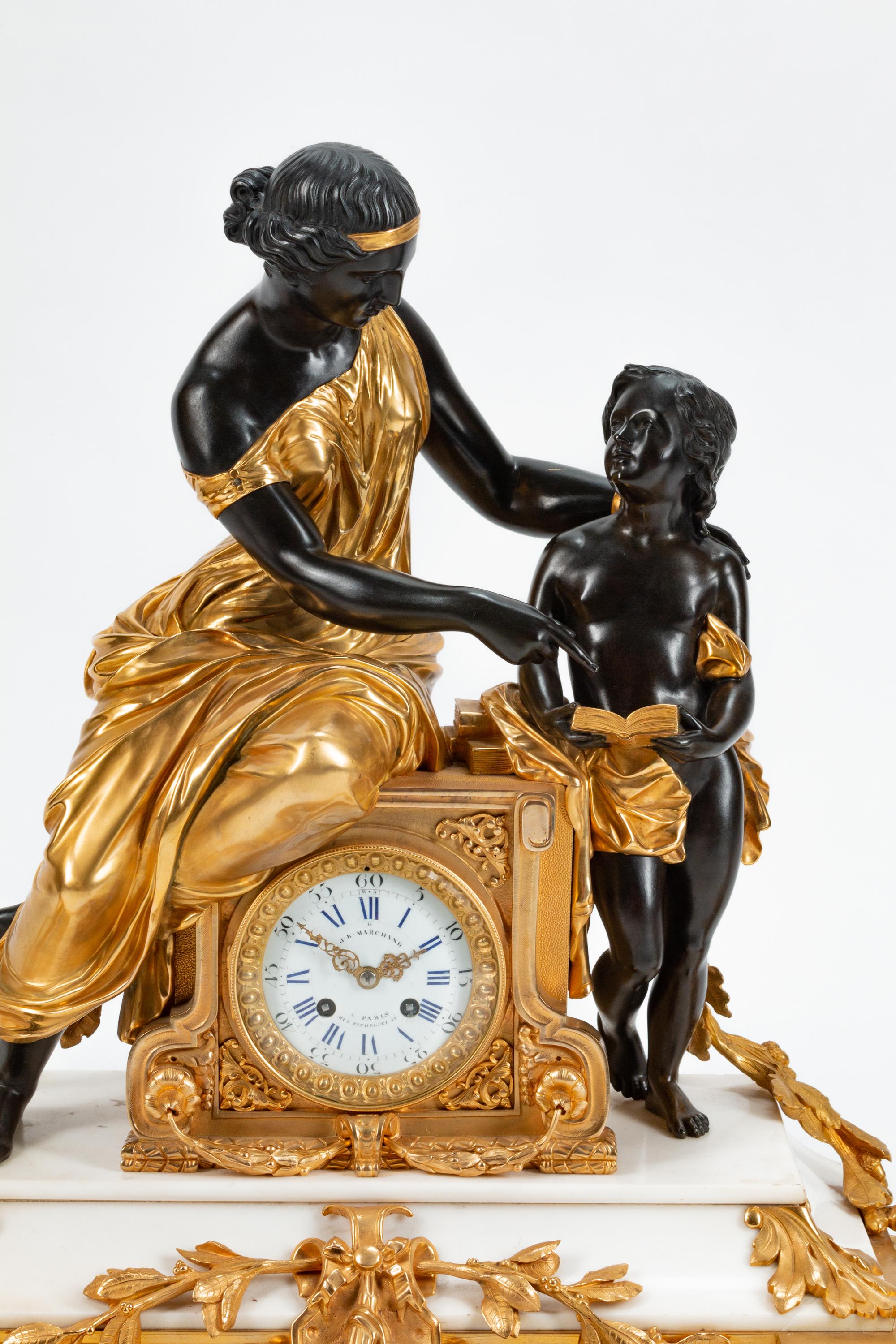 A Napoleon III Parcel-Gilt, Patinated Bronze and Marble Three-Piece Clock Garniture — THE DIAL INSCRIBED J B MARCHAND, PARIS, 19TH CENTURY