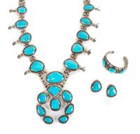 Large Southwestern Silver and Turquoise Squash Blossom Necklace Demi Parure Length 26 inches, height of naja 5 inches