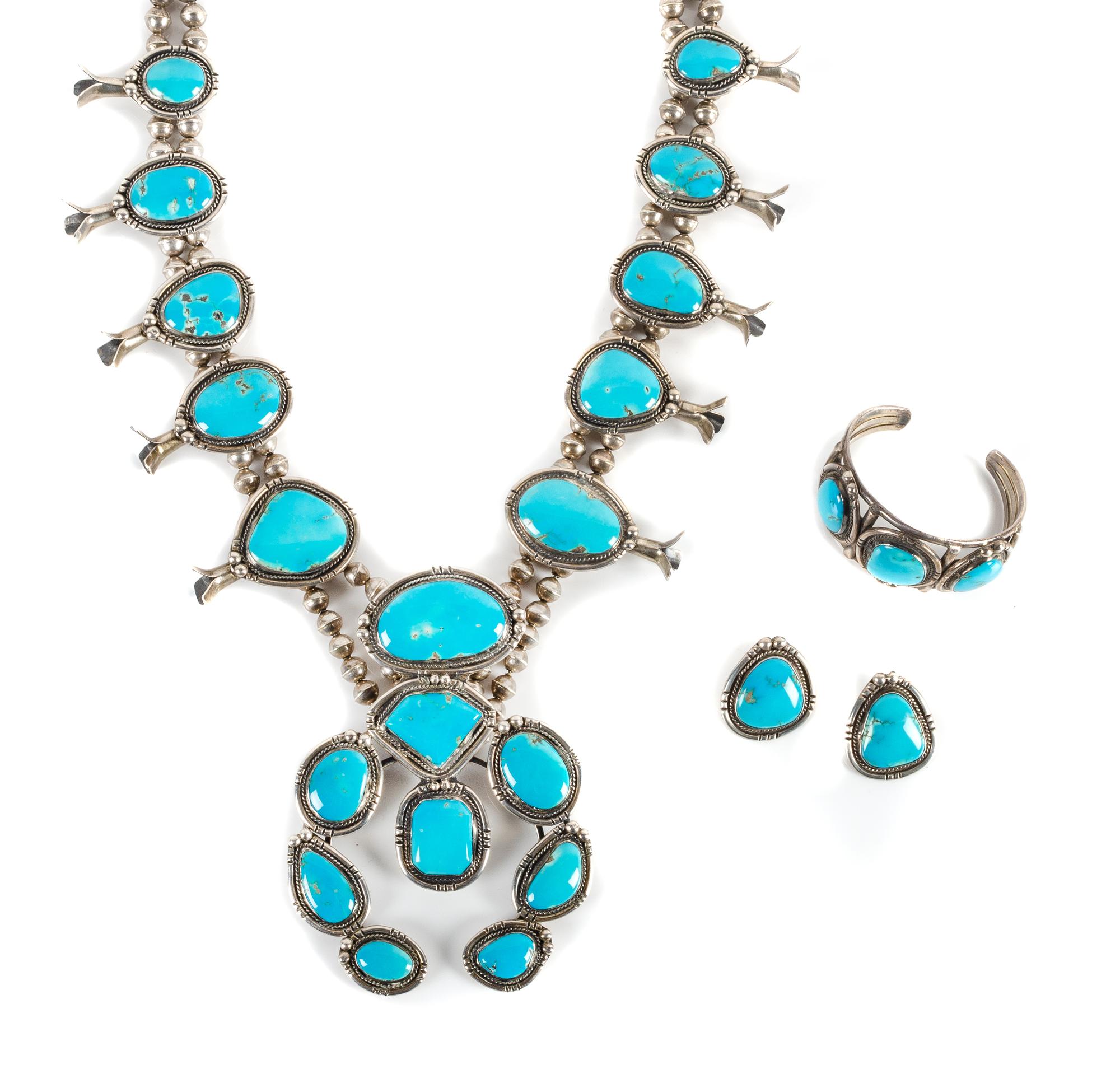 Large Southwestern Silver and Turquoise Squash Blossom Necklace Demi Parure Length 26 inches, height of naja 5 inches