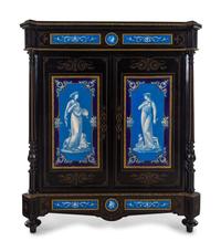 A Napoleon III Ebonized and Glazed Pottery Plaque-Mounted Marble-Top Meuble d'Appui