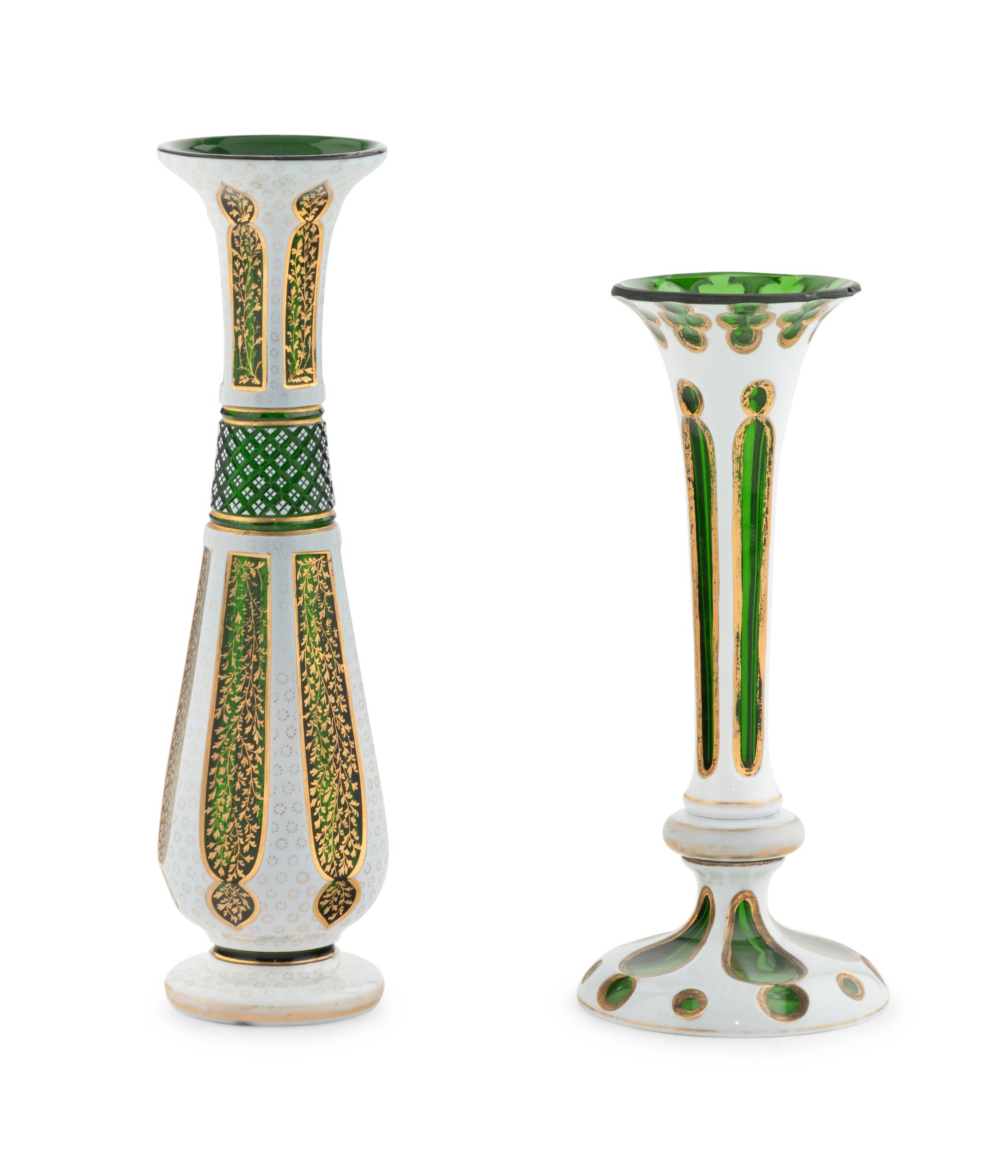 Two Bohemian White Overlay Glass Vases
