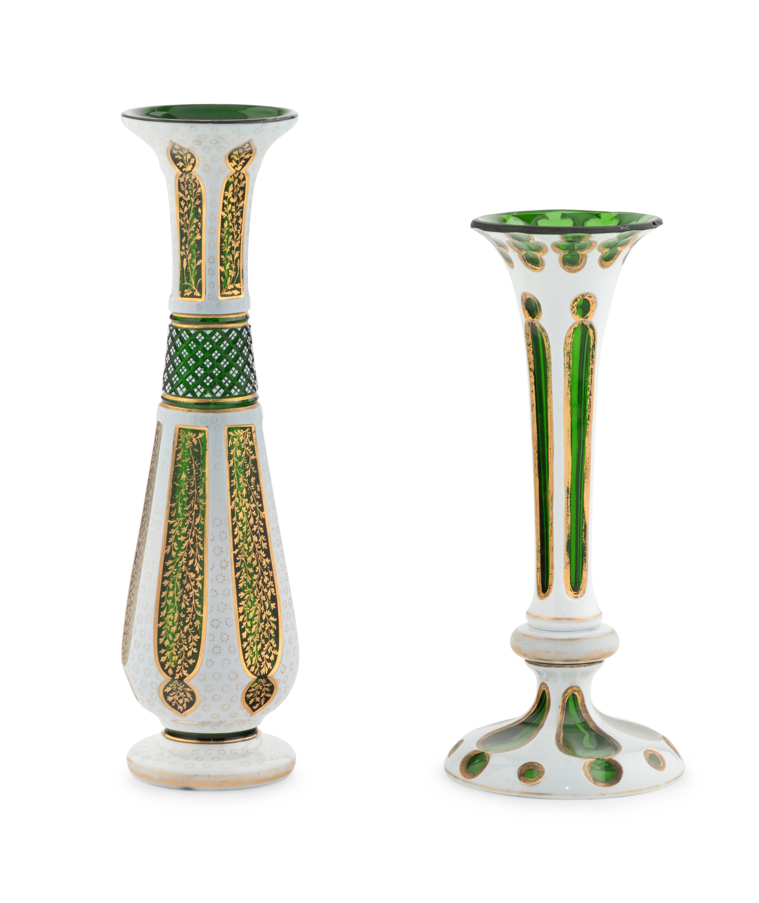 Two Bohemian White Overlay Glass Vases