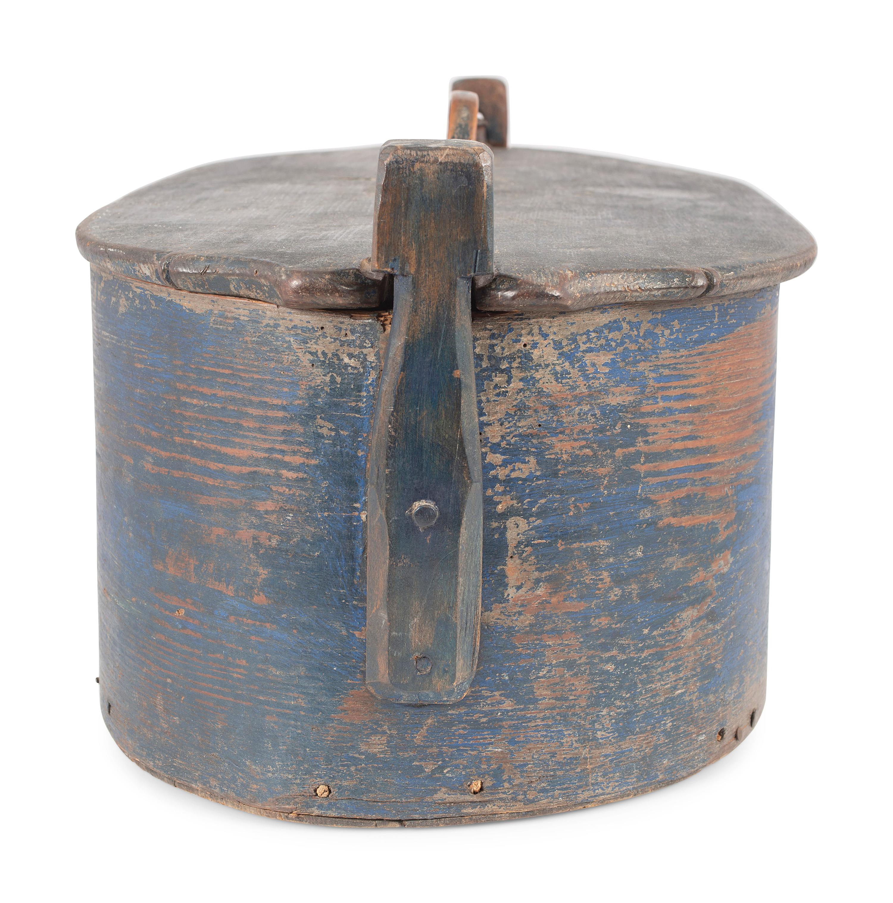 A Country Blue Painted Bentwood Locking Cover Bride's Box
