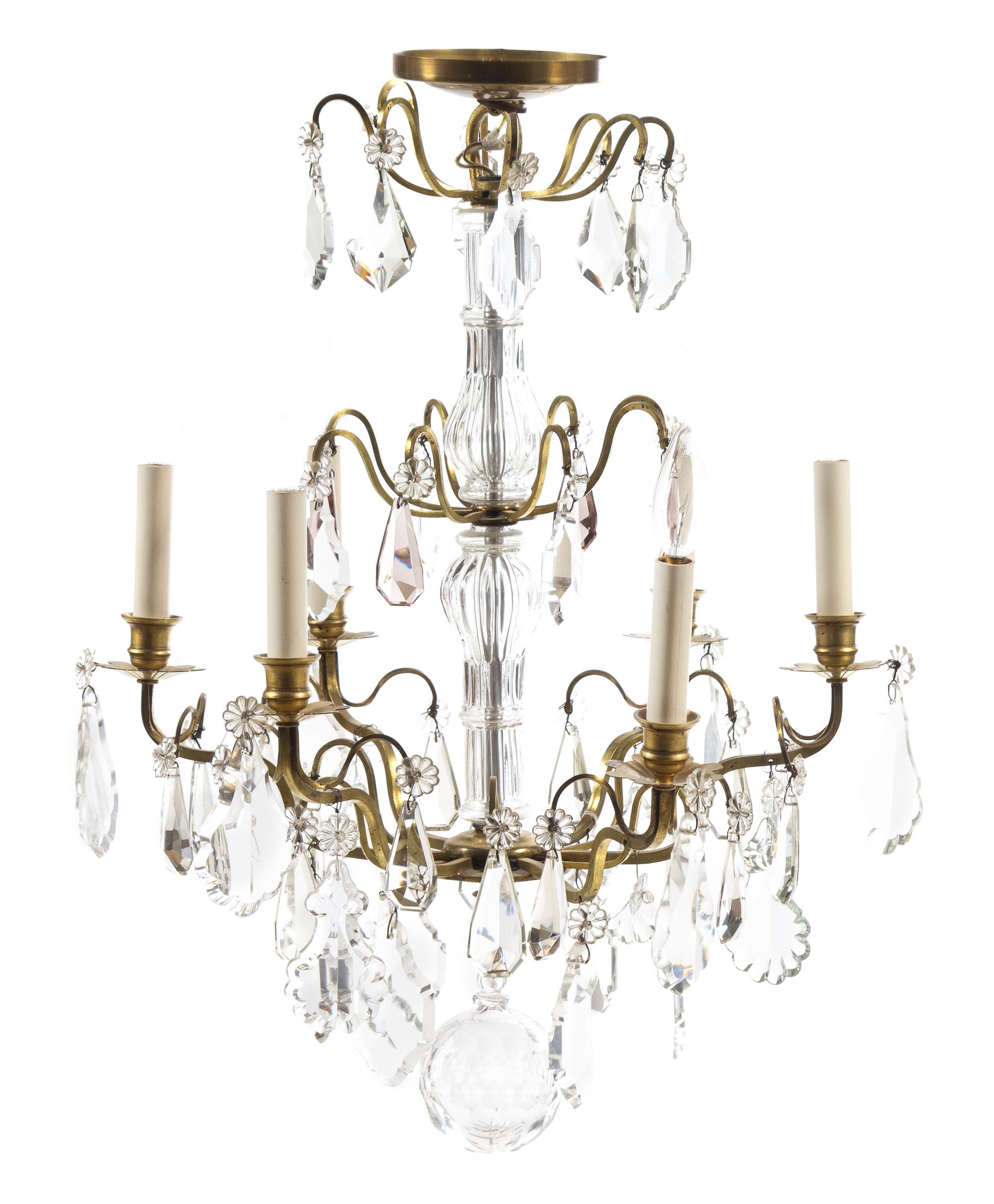 A French Gilt Bronze and Glass Six-Light Chandelier Height 27 x diameter 18 1/2 inches. — EARLY 20TH CENTURY