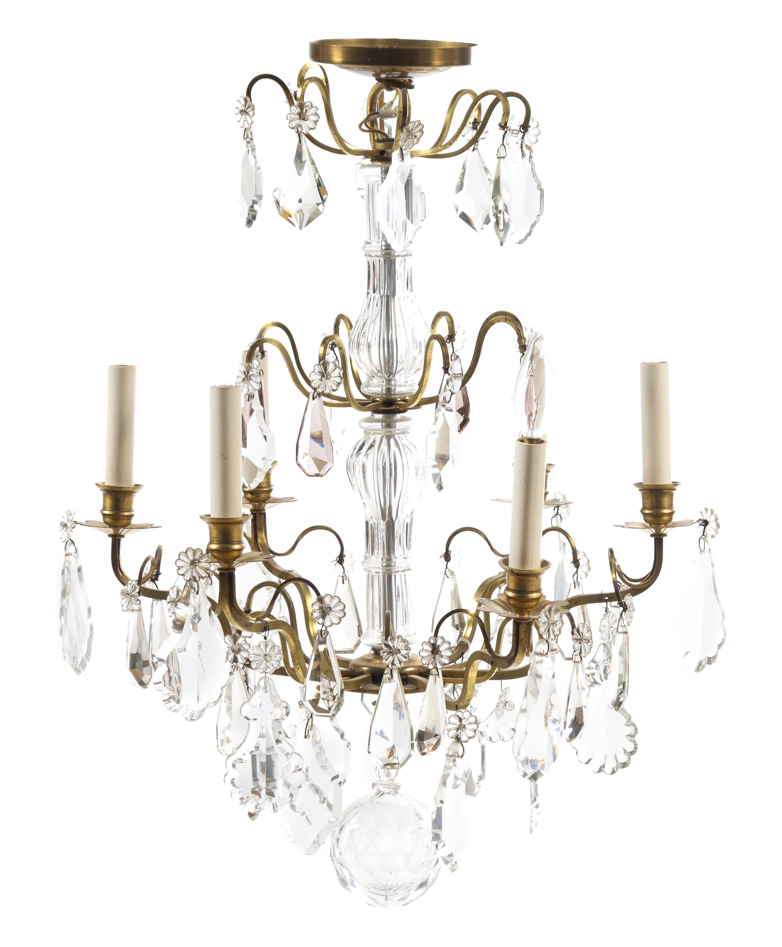 A French Gilt Bronze and Glass Six-Light Chandelier Height 27 x diameter 18 1/2 inches. — EARLY 20TH CENTURY