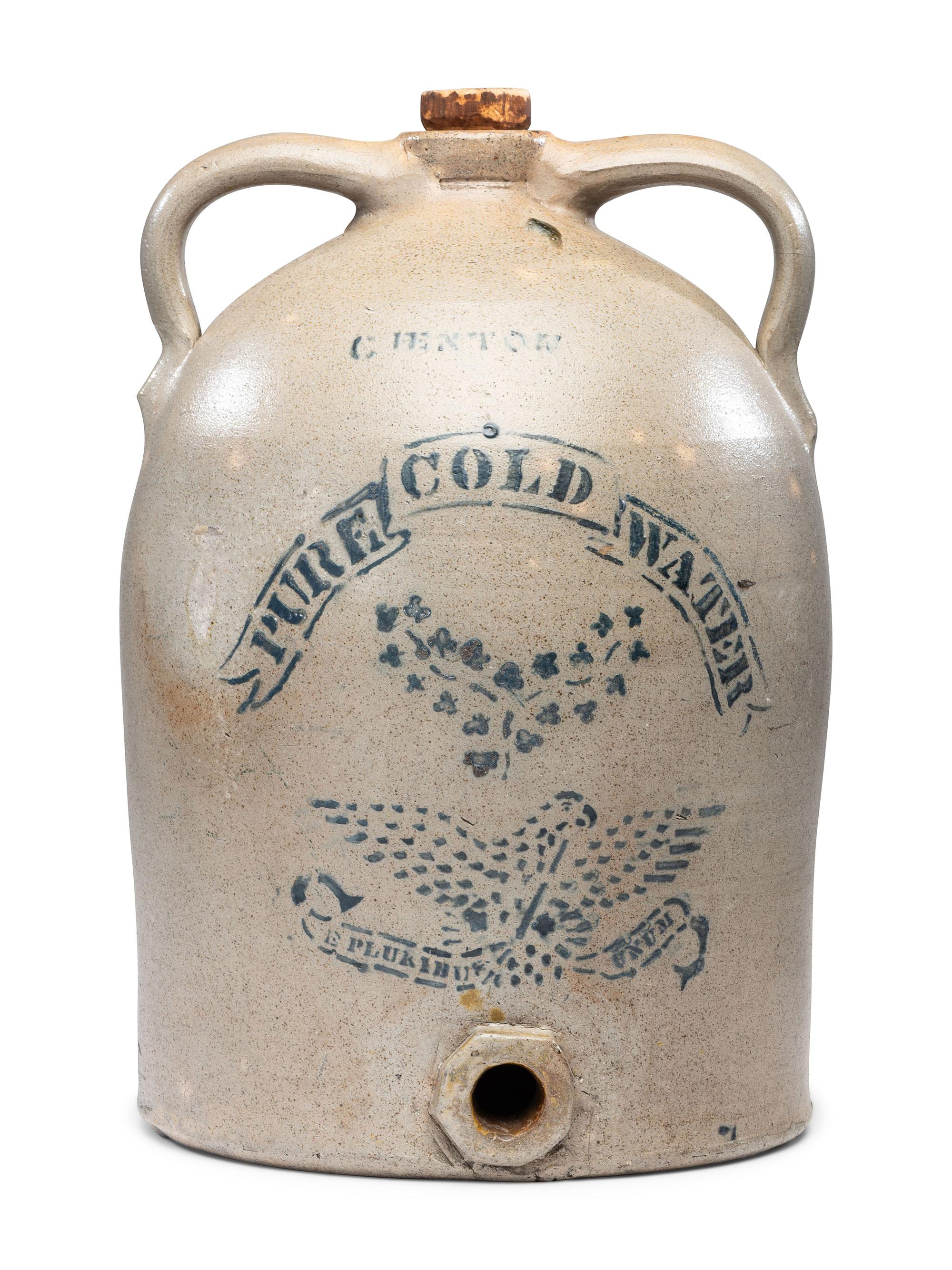 A Rare Curtis Fenton 'Pure Cold Water' Stenciled Stoneware Cooler