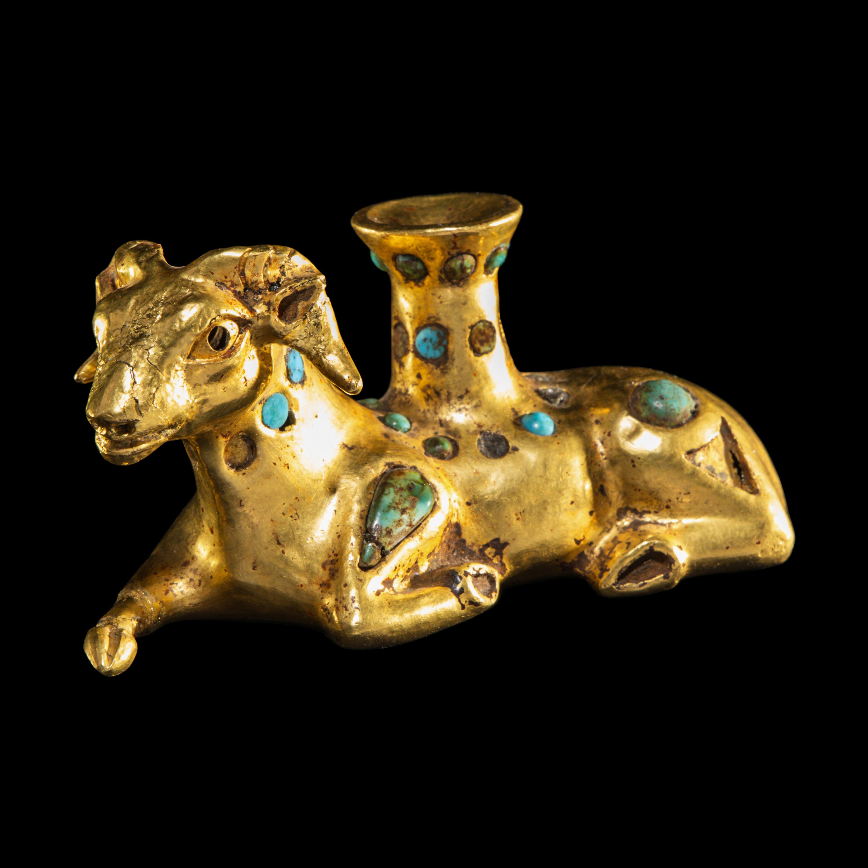 A Eurasian Gold and Turquoise Inlay Vessel in the form of a Recumbent Ram