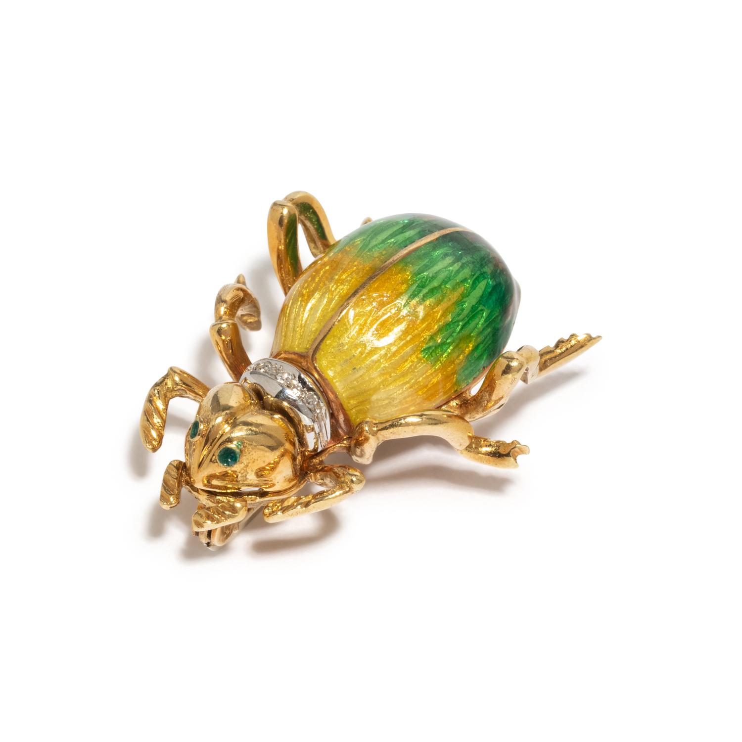 CARTIER, YELLOW GOLD, DIAMOND AND ENAMEL BEETLE BROOCH