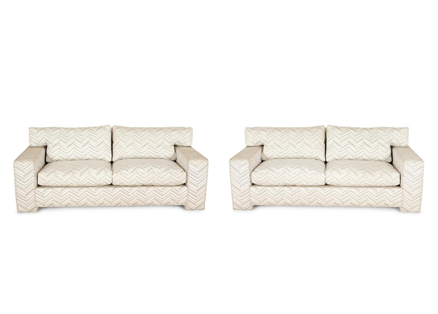 A Pair of Contemporary French Chevron Patterned Upholstered Sofas