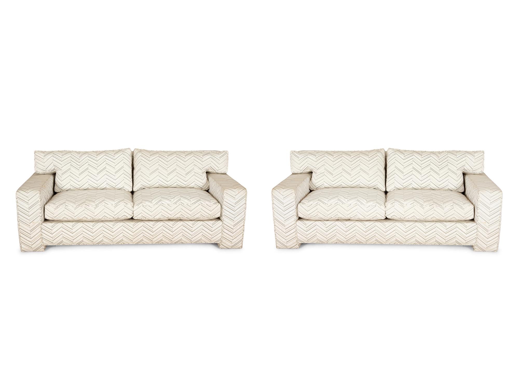A Pair of Contemporary French Chevron Patterned Upholstered Sofas