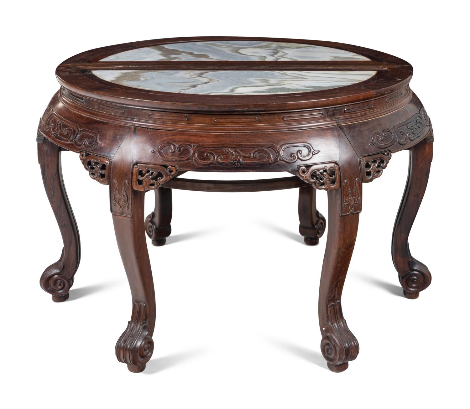 A Pair of Chinese Marble Inset Hardwood Demi-Lune Side Tables and Five Matching Stools