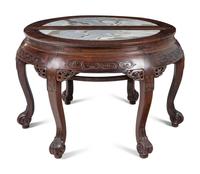 A Pair of Chinese Marble Inset Hardwood Demi-Lune Side Tables and Five Matching Stools