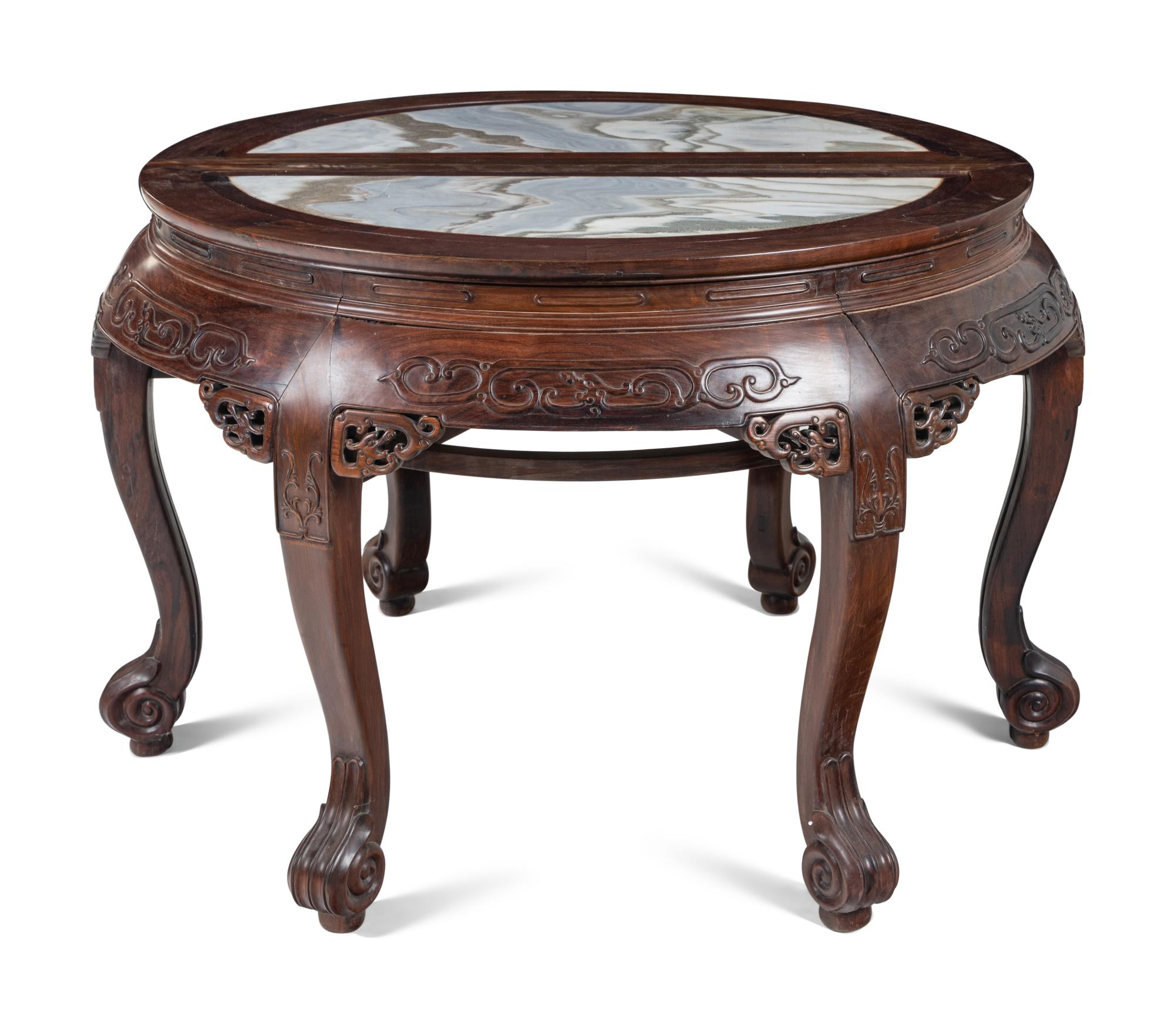 A Pair of Chinese Marble Inset Hardwood Demi-Lune Side Tables and Five Matching Stools