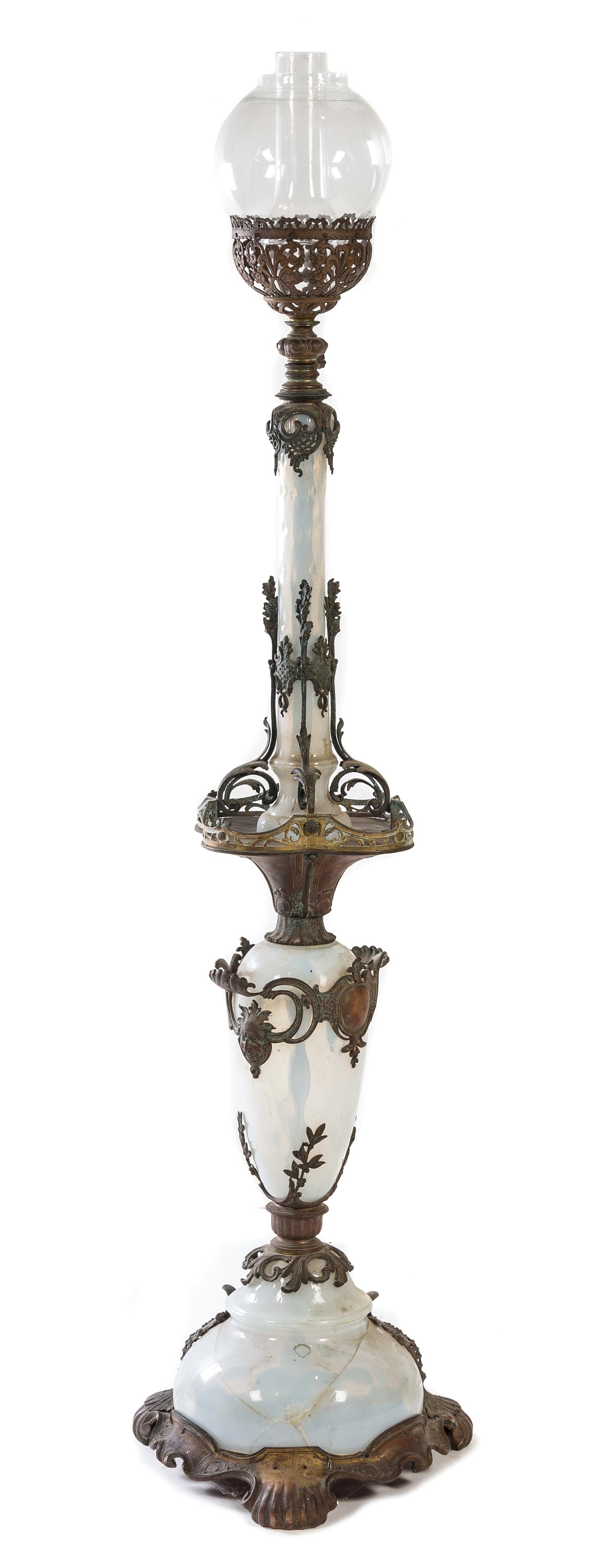 A Late Victorian Opalescent Glass and Brass Floor Oil Lamp Height 71 1/2 inches. — 19TH/20TH CENTURY