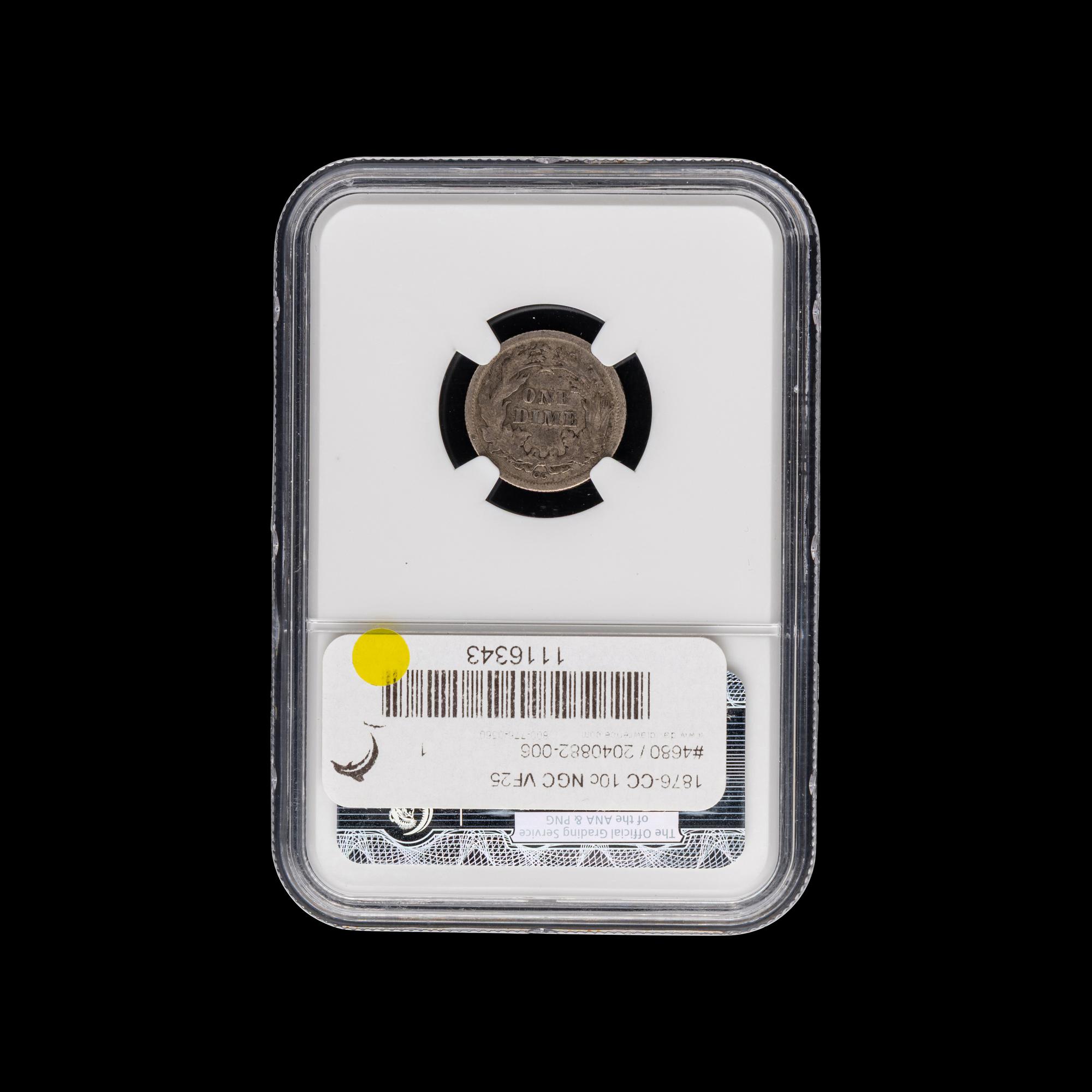 An 1876-CC Seated Liberty 10c Coin [NGC VF25]