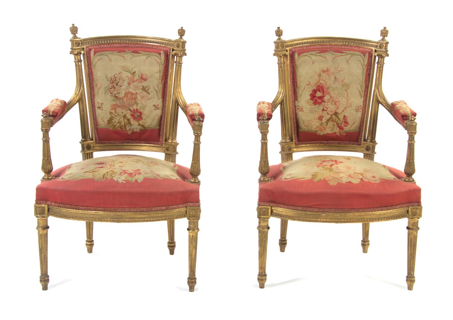 A Pair of Louis XVI Style Giltwood Fauteuils, LATE 19TH CENTURY, Height 35 1/2 inches. — LATE 19TH CENTURY,