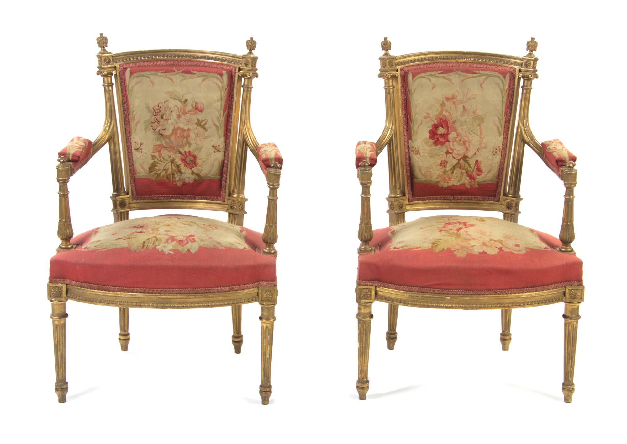 A Pair of Louis XVI Style Giltwood Fauteuils, LATE 19TH CENTURY, Height 35 1/2 inches. — LATE 19TH CENTURY,