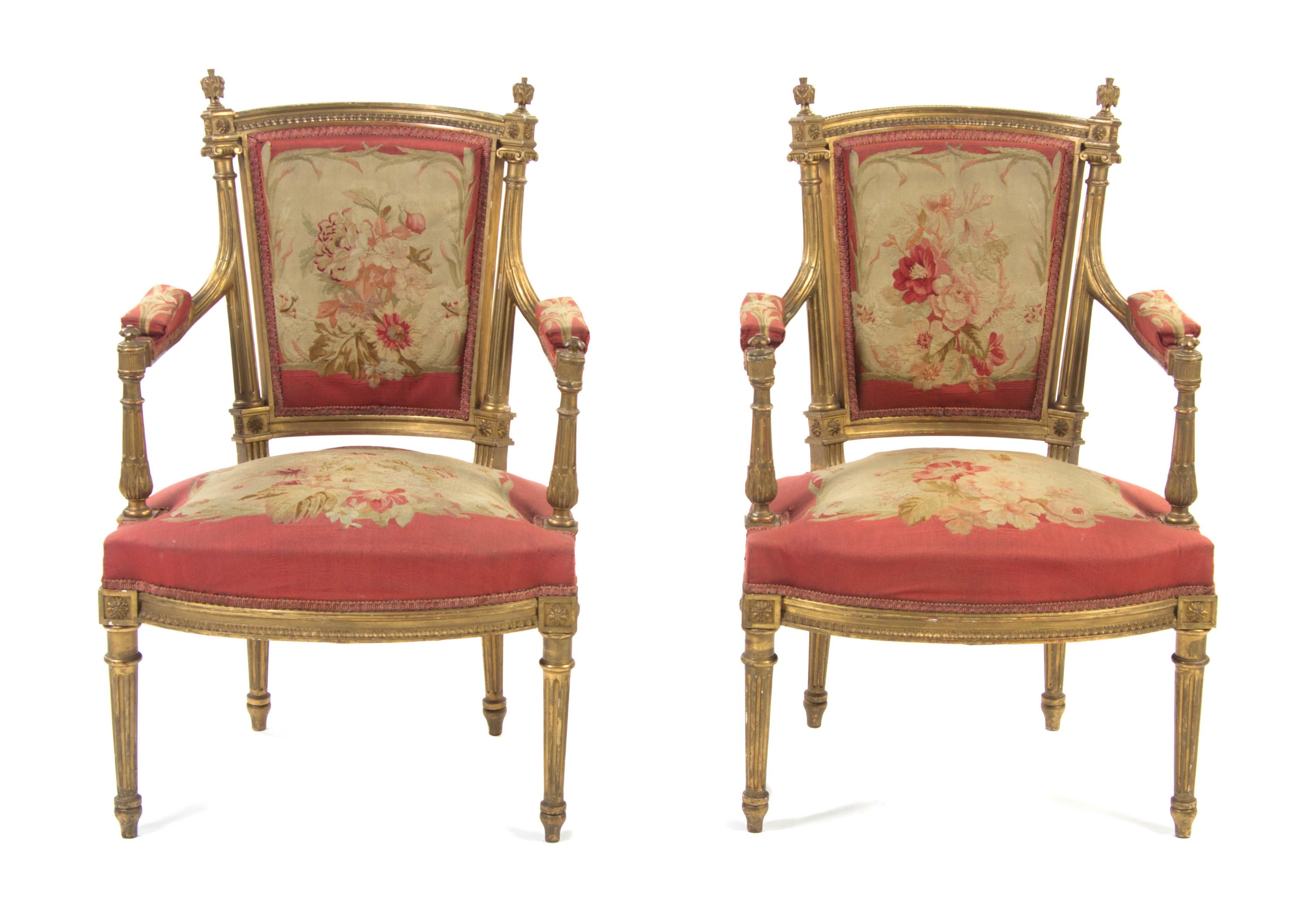 A Pair of Louis XVI Style Giltwood Fauteuils, LATE 19TH CENTURY, Height 35 1/2 inches. — LATE 19TH CENTURY,
