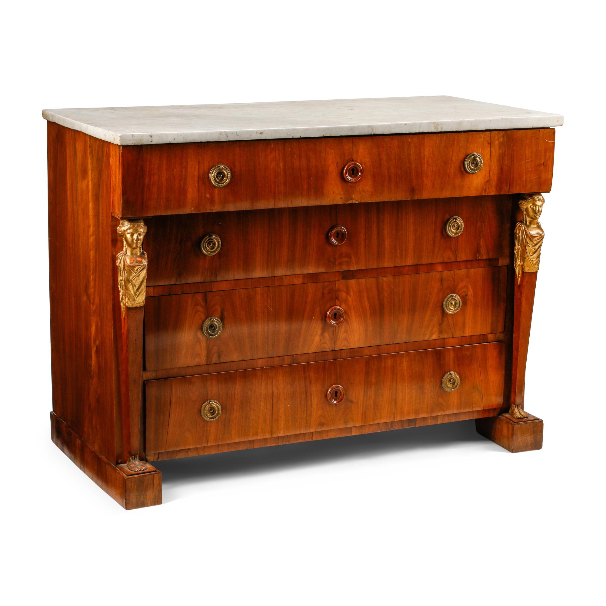 An Italian Neoclassical Mahogany and Parcel Gilt Bureau Chest of Drawers