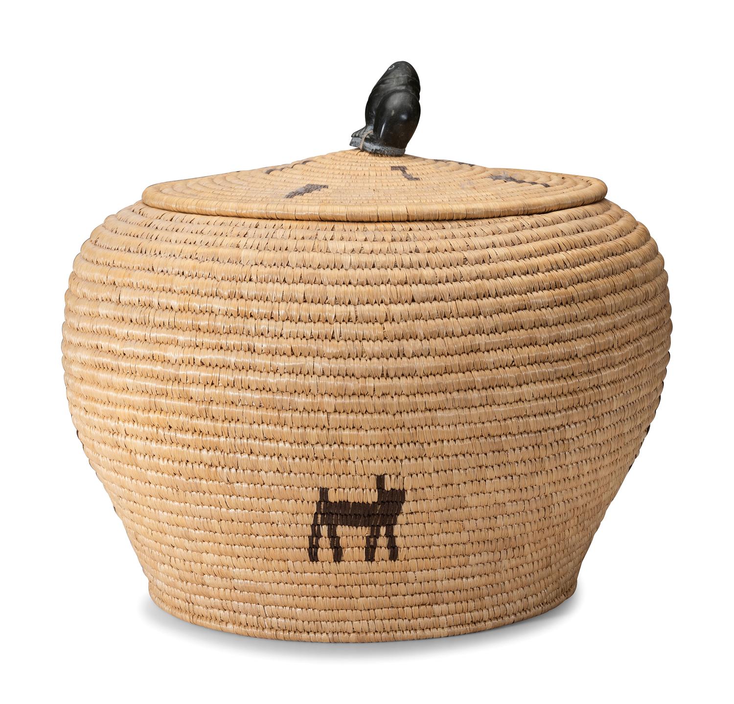 Large Lidded Storage Basket with Figures and Soapstone Finial