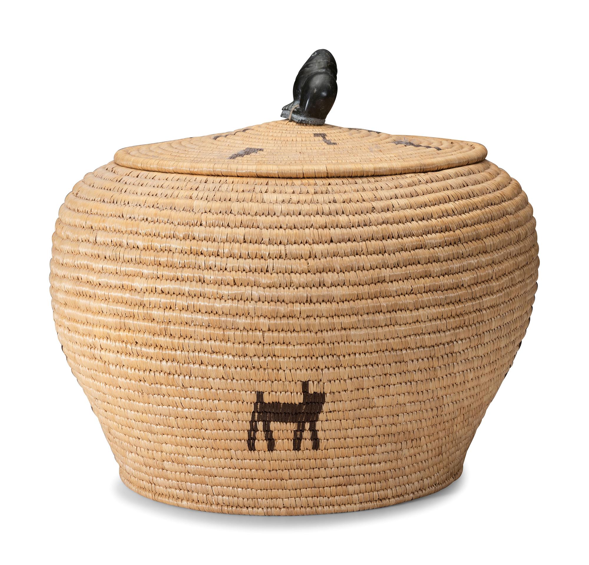 Large Lidded Storage Basket with Figures and Soapstone Finial